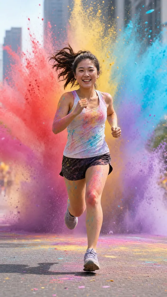 一位成年东亚年轻女性的彩色跑音乐节元气少女真实摄影画面。