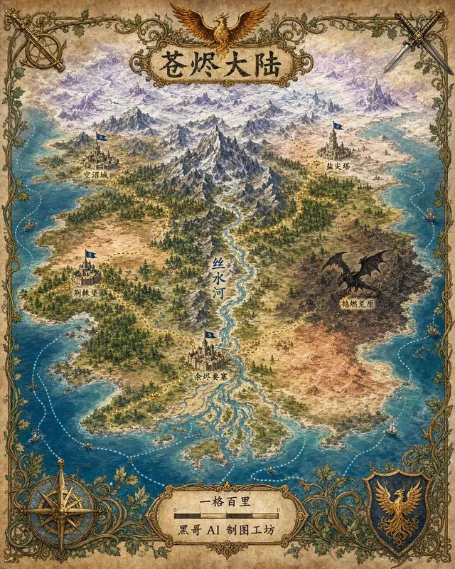 绘画风奇幻大陆地图 Vaelorin:山脉、森林、四座首都、巨龙图标和华丽边框。