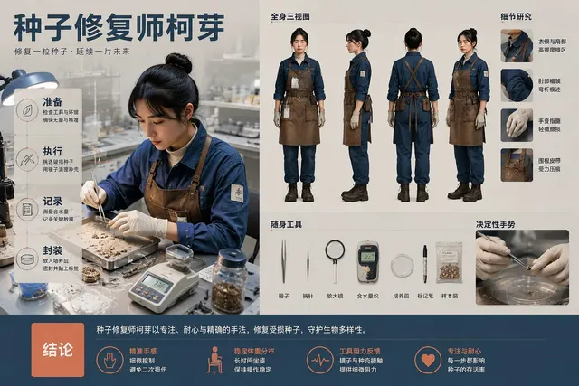 黑哥 AI 原创角色与 3D 玩偶案例:种子修复师柯芽制作级人物设定。