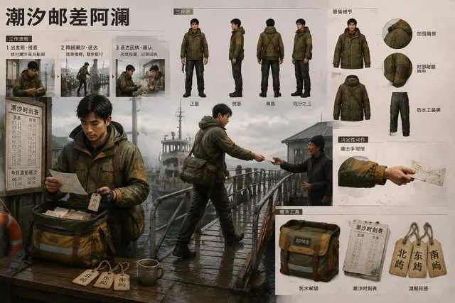黑哥 AI 原创角色与 3D 玩偶案例:潮汐邮差阿澜制作级人物设定。