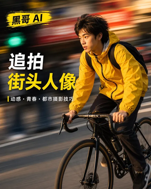 穿黄色风衣的少年在水平运动模糊的城市街道前极度清晰,黄金侧光,追拍技法。