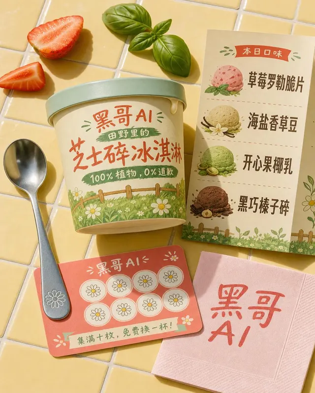 奶黄瓷砖平铺:蜡纸杯、烫印勺、珊瑚集点卡、纸菜单与粉餐巾。